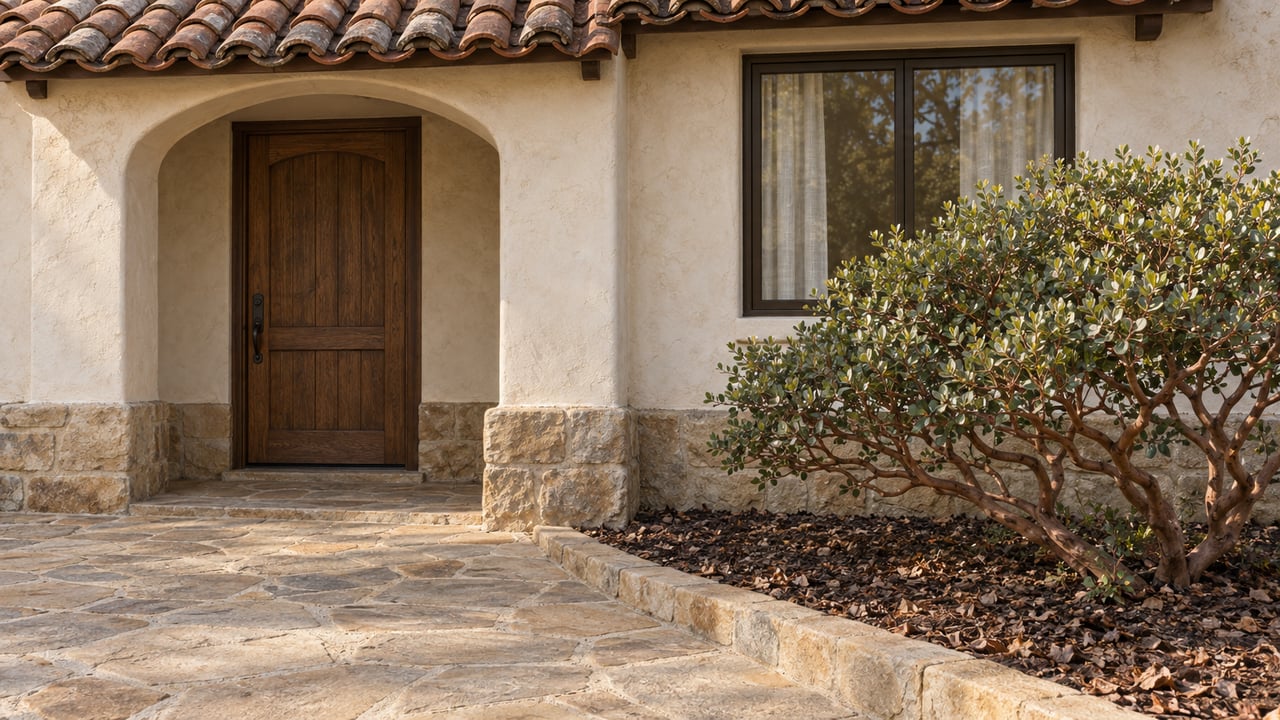 Cream stucco home with a clay tile roof, sheltered oak entry door, sandstone approach and sculptural manzanita planting.