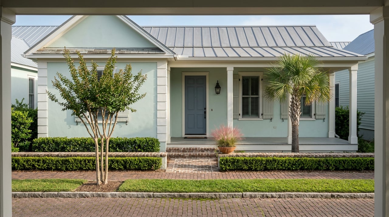 Pale seafoam cottage with slate-blue door and covered porch, beside brick lane and clipped hedge.