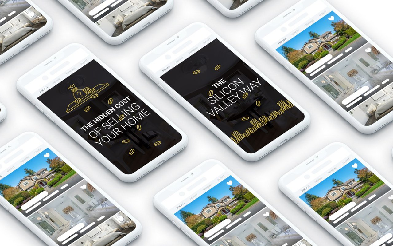 Phone mockups display “The Hidden Cost of Selling Your Home” and “The Silicon Valley Way.”