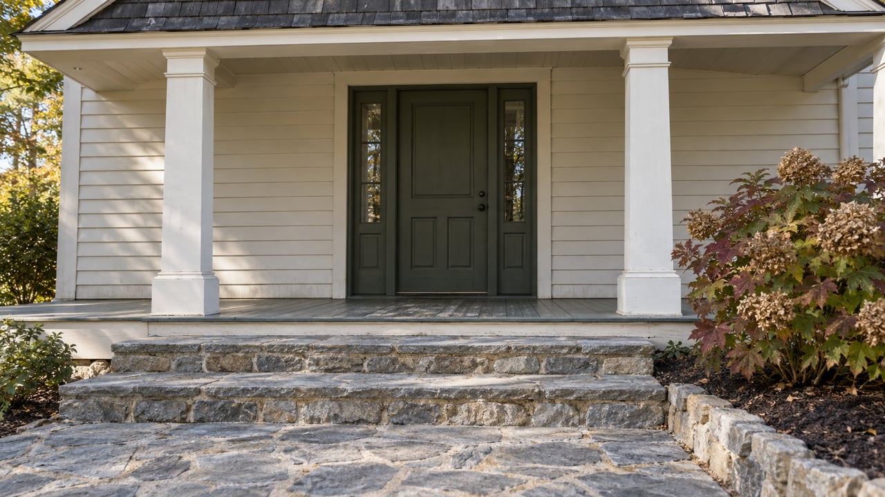 Stone steps lead to a weathered painted-wood porch with paired columns, an olive door and oakleaf hydrangea.