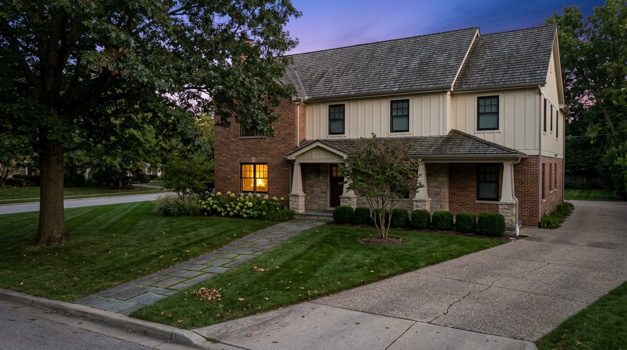Two-story brick-and-stone house with cream upper siding, lawn, oak canopy, and one glowing window at dusk.