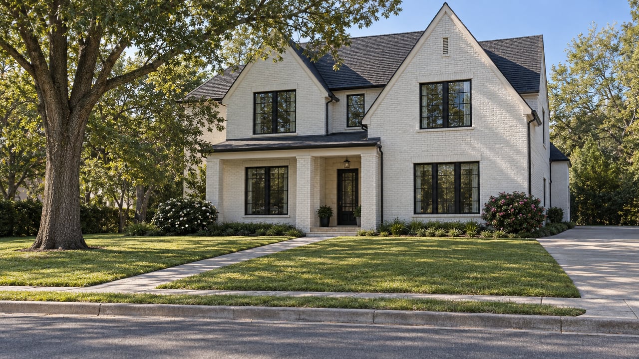 Two-story white brick house with dark gabled roof, front porch, lawn, concrete walk, and mature oak.