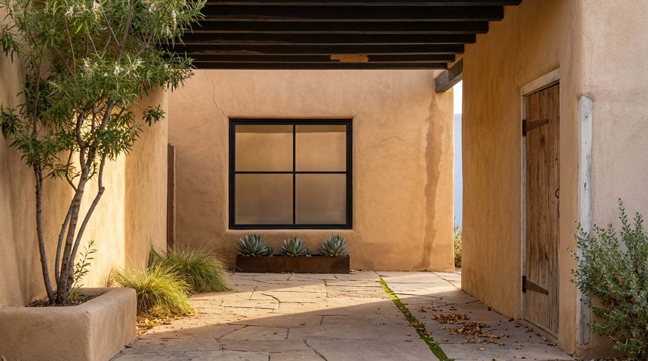 Covered ochre-stucco lane with a black-framed window, aged plank door, flagstone paving, and desert plants.