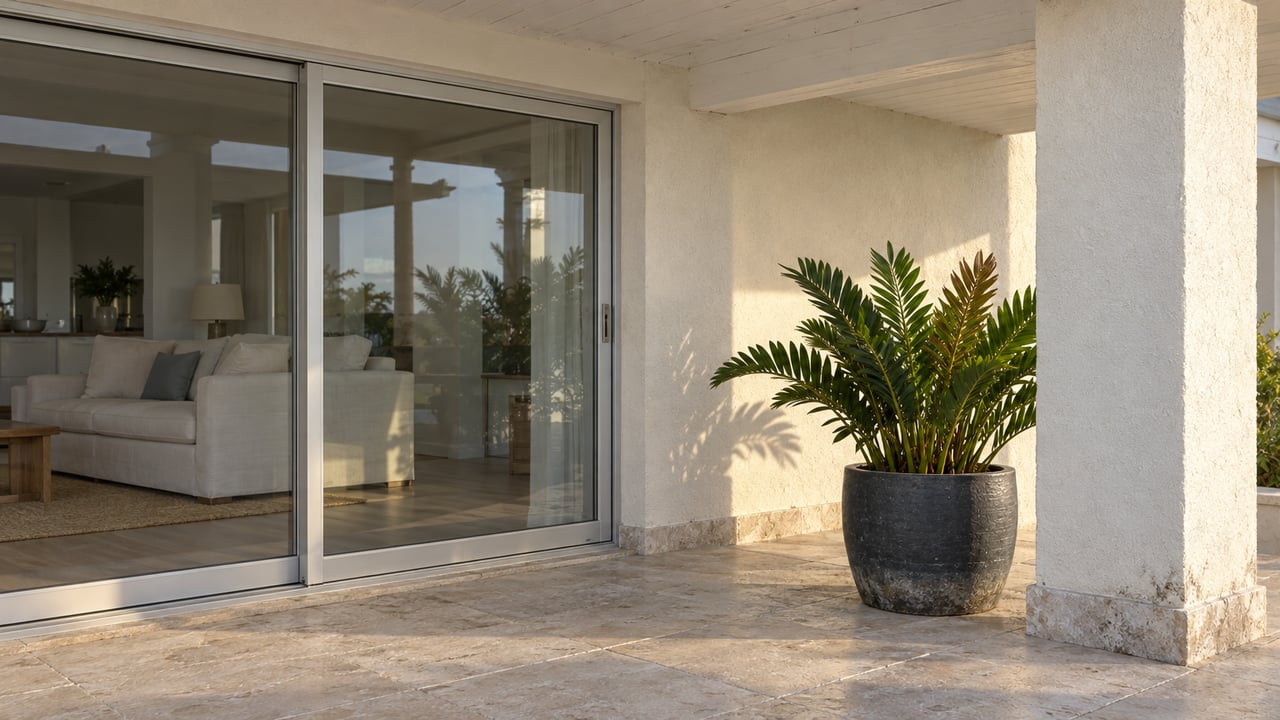 Covered veranda with cream stucco, limestone paving, closed glass doors and a single coontie in a charcoal pot.