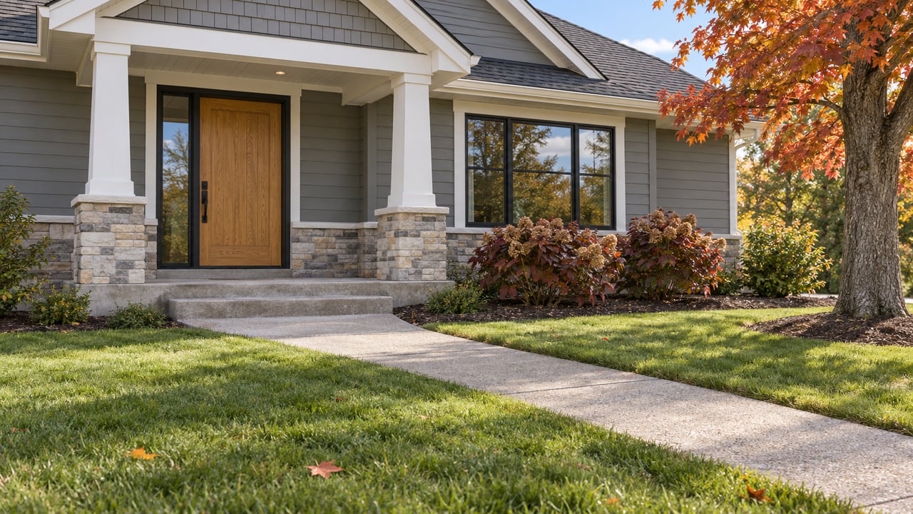 An autumn lawn and concrete approach lead to a gray-sided home with stone porch walls, an oak front door and amber maple foliage.
