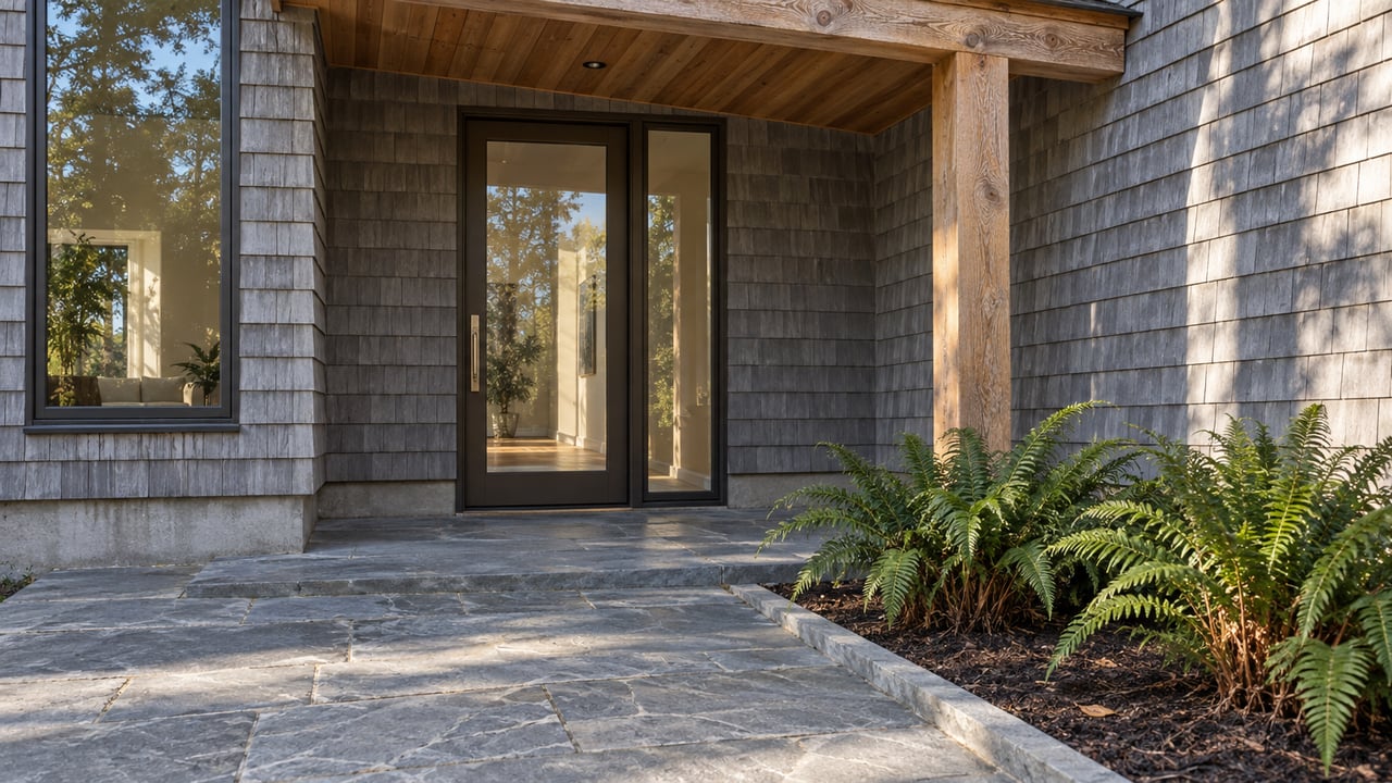 Silvered cedar cottage entry with a timber porch, bronze-framed glass door, sandstone paving and three sword ferns.