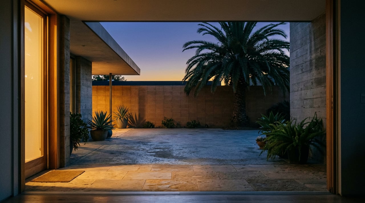 Covered entry opening onto a desert courtyard with a palm, concrete wall, and warm-lit stone floor at dusk.