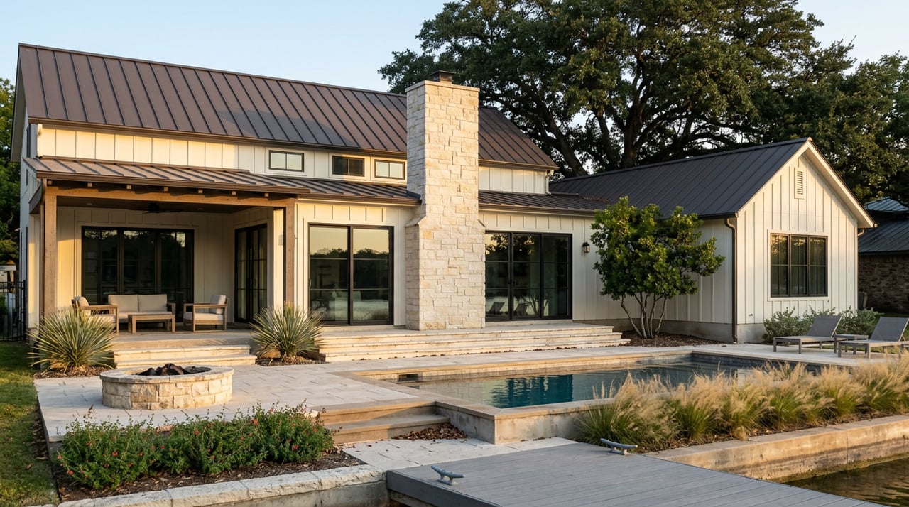 Lakefront house with limestone chimney, pool terrace, weathered pergola, and dock beneath a mature oak canopy.