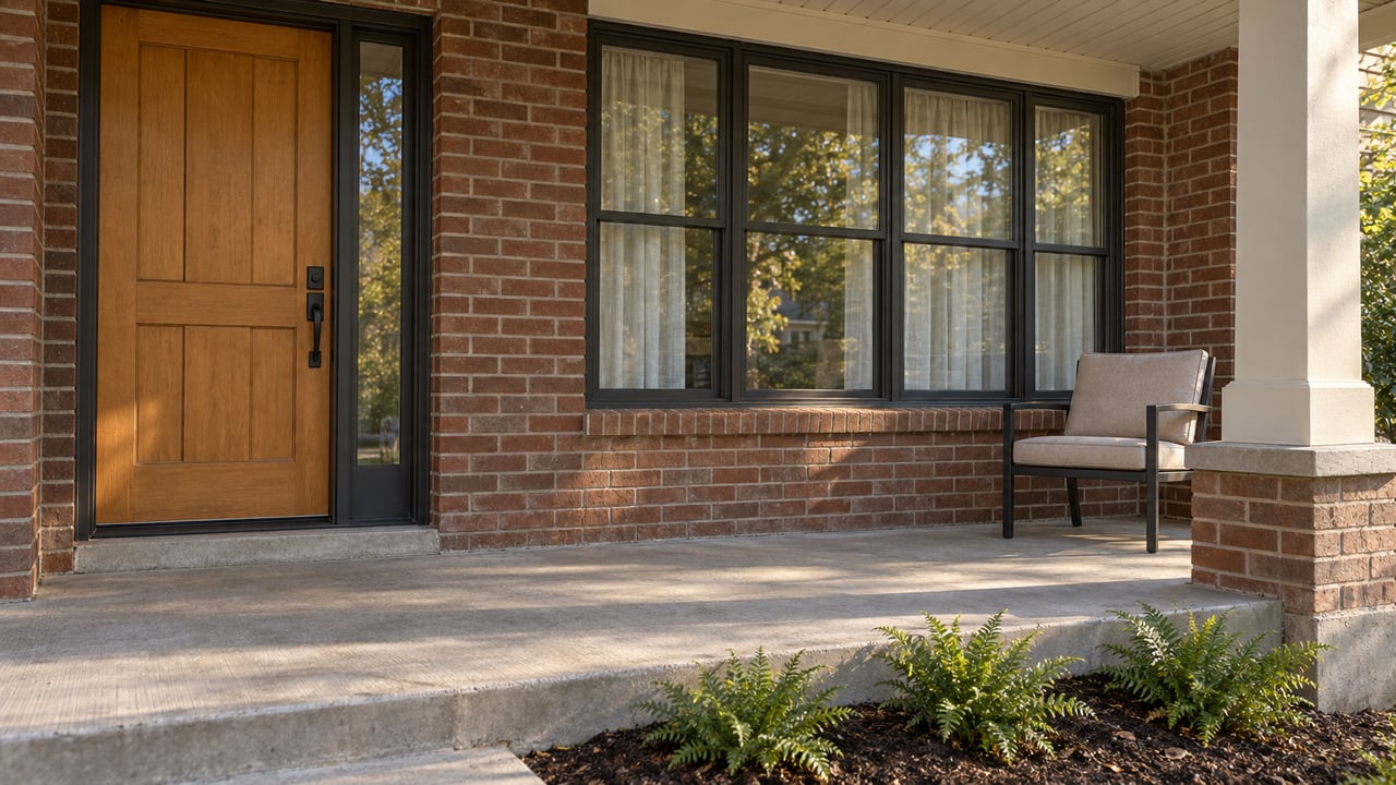 Red-brown brick entry with a wood door, dark-framed window, concrete porch and a single cushioned chair.