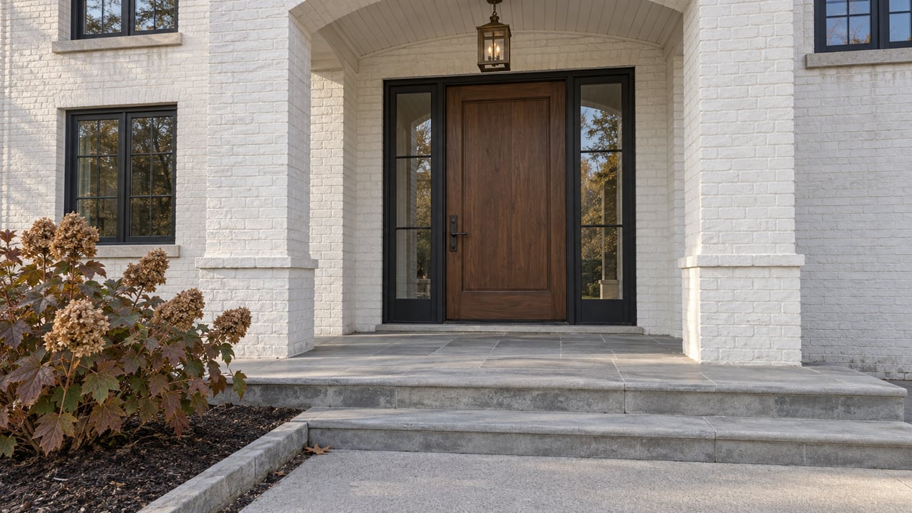 White-painted brick entry with a walnut door, paired glazed sidelights, limestone steps and an oakleaf hydrangea with autumn foliage.