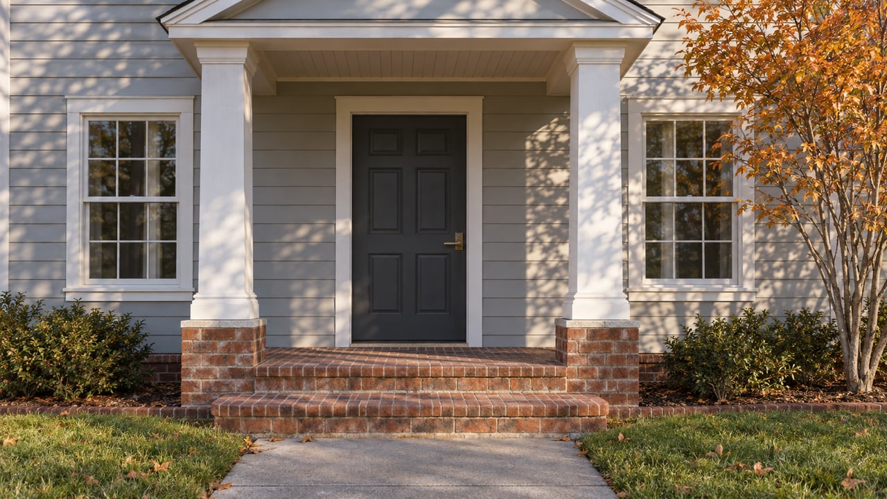 Autumn sunlight on a brick-stepped porch with white columns, gray siding, a charcoal door and an orange-leaved serviceberry.