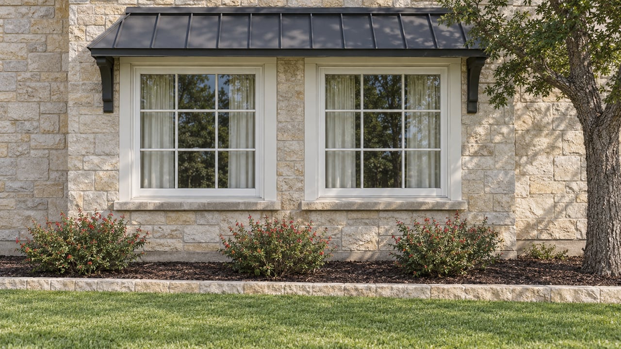 Paired white-trim windows beneath a dark metal awning on a pale limestone home, with red-flowering sage and a neatly edged lawn.