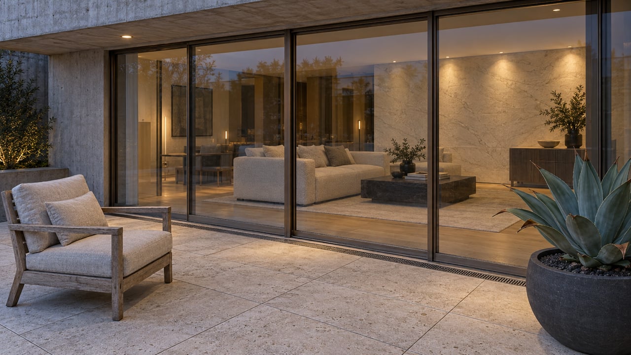 Blue-hour condominium terrace with limestone paving, a teak lounge chair and one sculptural agave beside closed glass doors to a warmly lit living room.