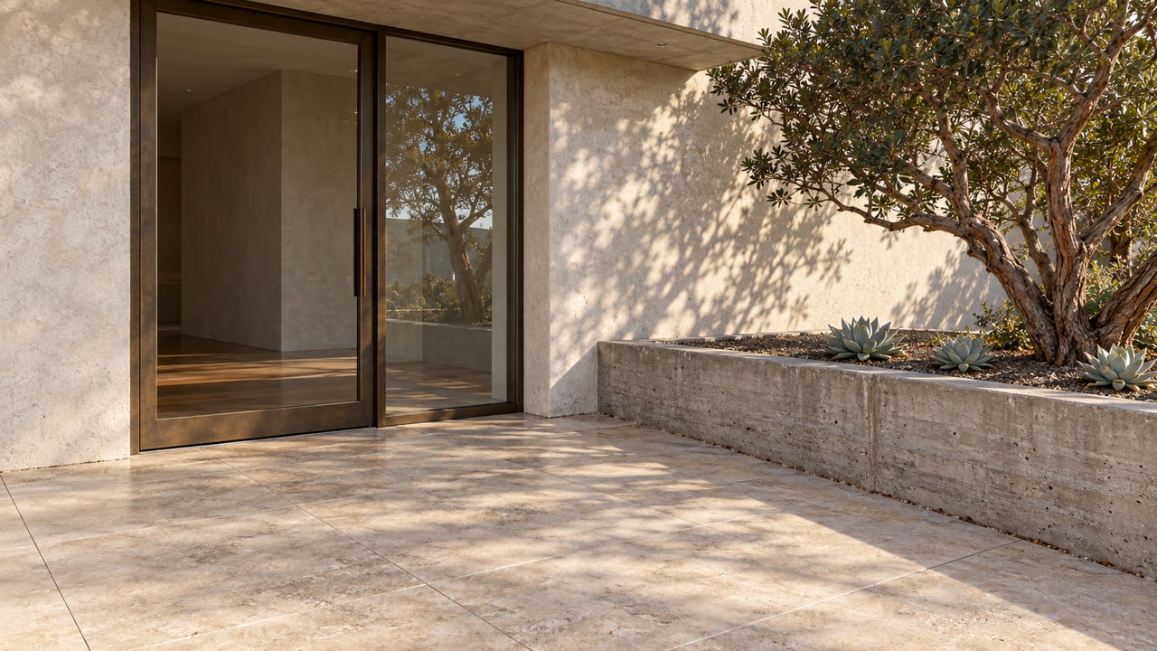 Warm sunlight crosses a limestone entry terrace beside bronze-framed glass, pale stucco and a raised planter with a sculptural tree and succulent rosettes.