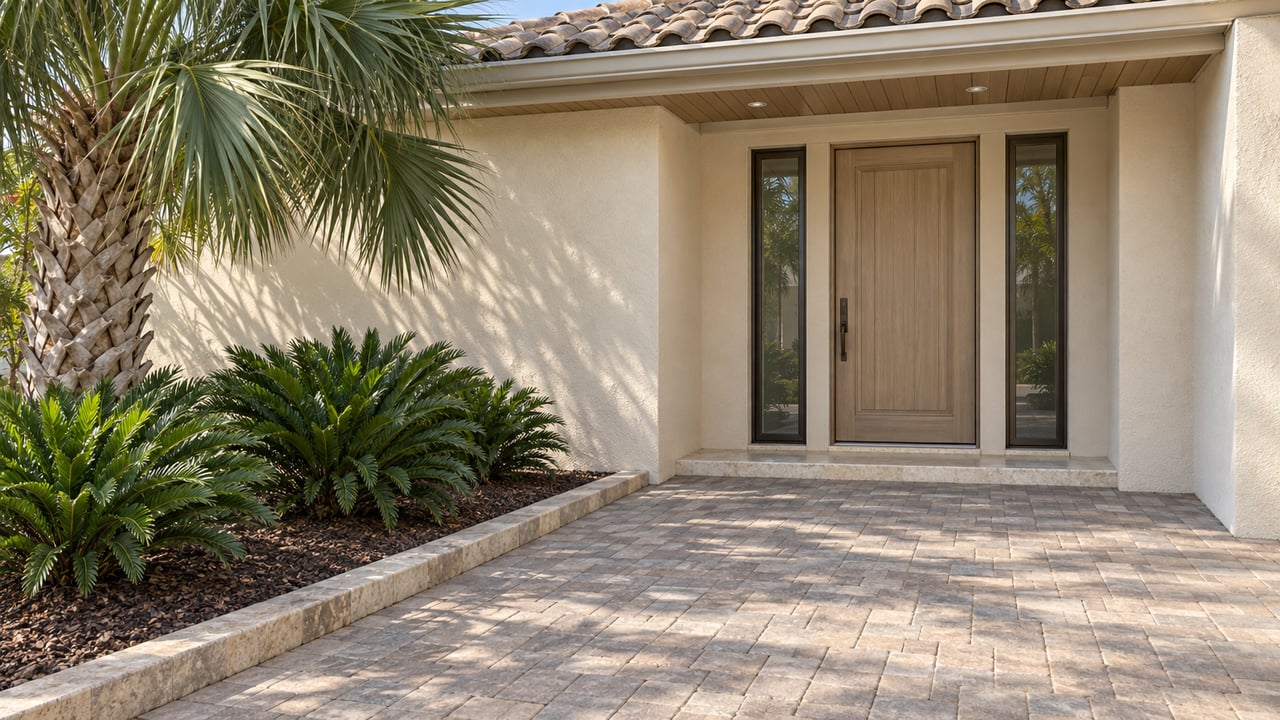 Sunlit cream stucco home entry with sand-colored barrel tiles, a pale wood-toned door, bronze-framed sidelights, and a palm beside the paver approach.