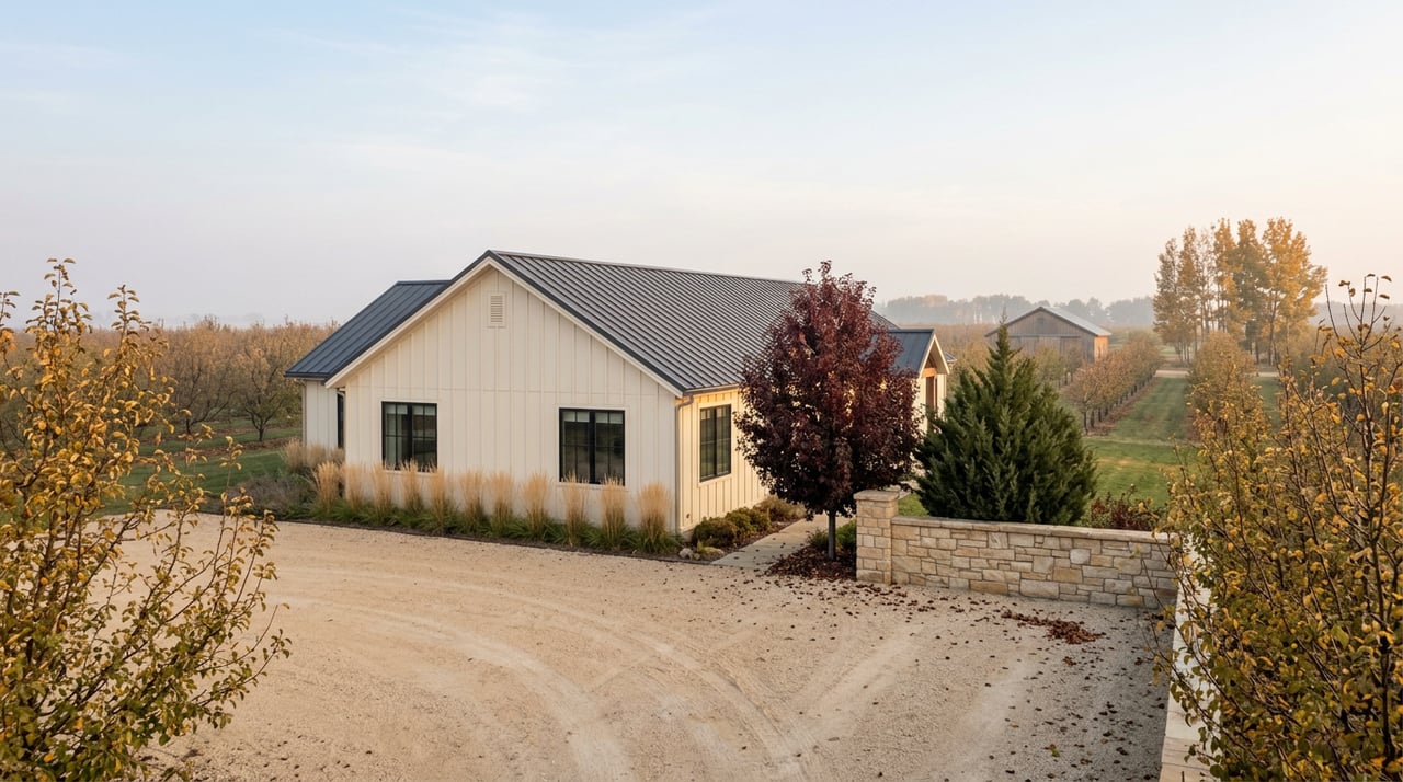 Off-white acreage home between rows of golden-leaved pear trees, with a gravel drive and small barn beyond.