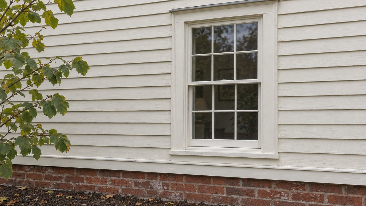Six-over-six window in ivory clapboard siding above a red brick foundation, with witch hazel leaves at left.