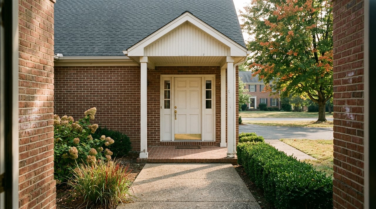 Brick Colonial entry with a white door, sidelights, and white porch posts beside an orange-red maple.