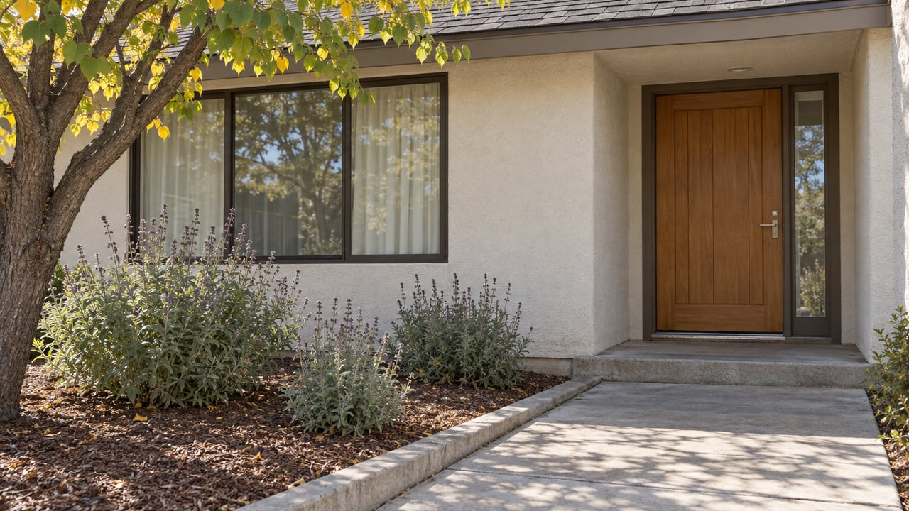 A single-story home's recessed wood front door and broad window beside a concrete walk, western redbud and silver-green sage.