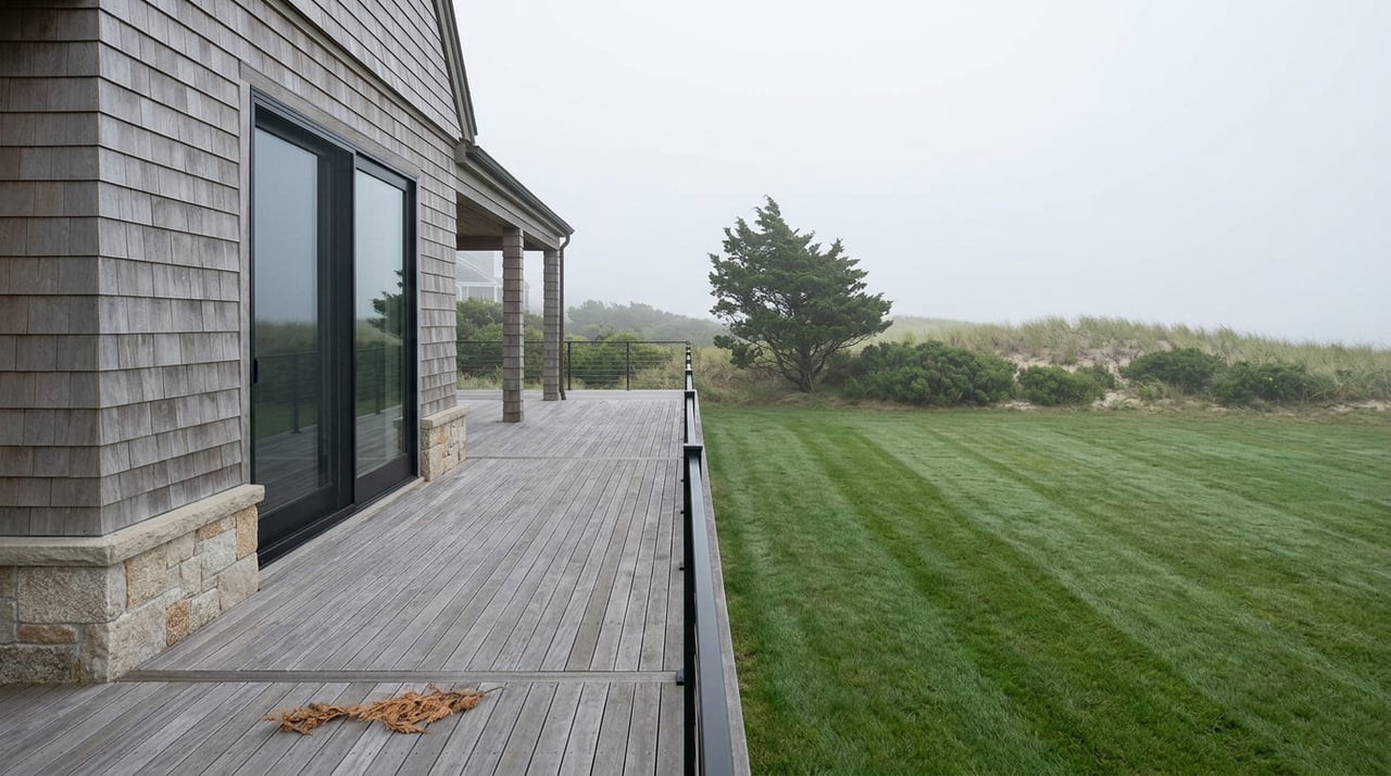 Weathered shingle coastal home beside a dewy lawn, with a wind-shaped cedar and beachgrass dune fading into fog.