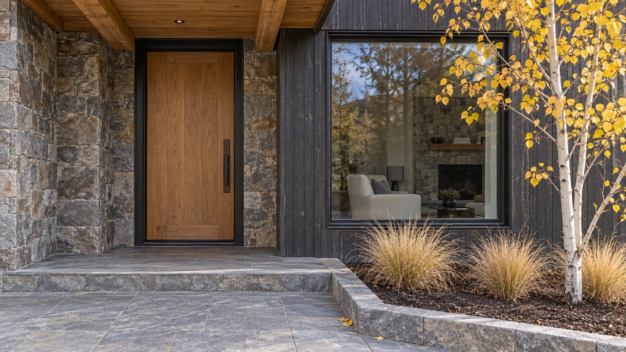 Autumn light on a timber-covered entry with charcoal wood siding, stone paving, and a yellow-leaved aspen beside a large window.