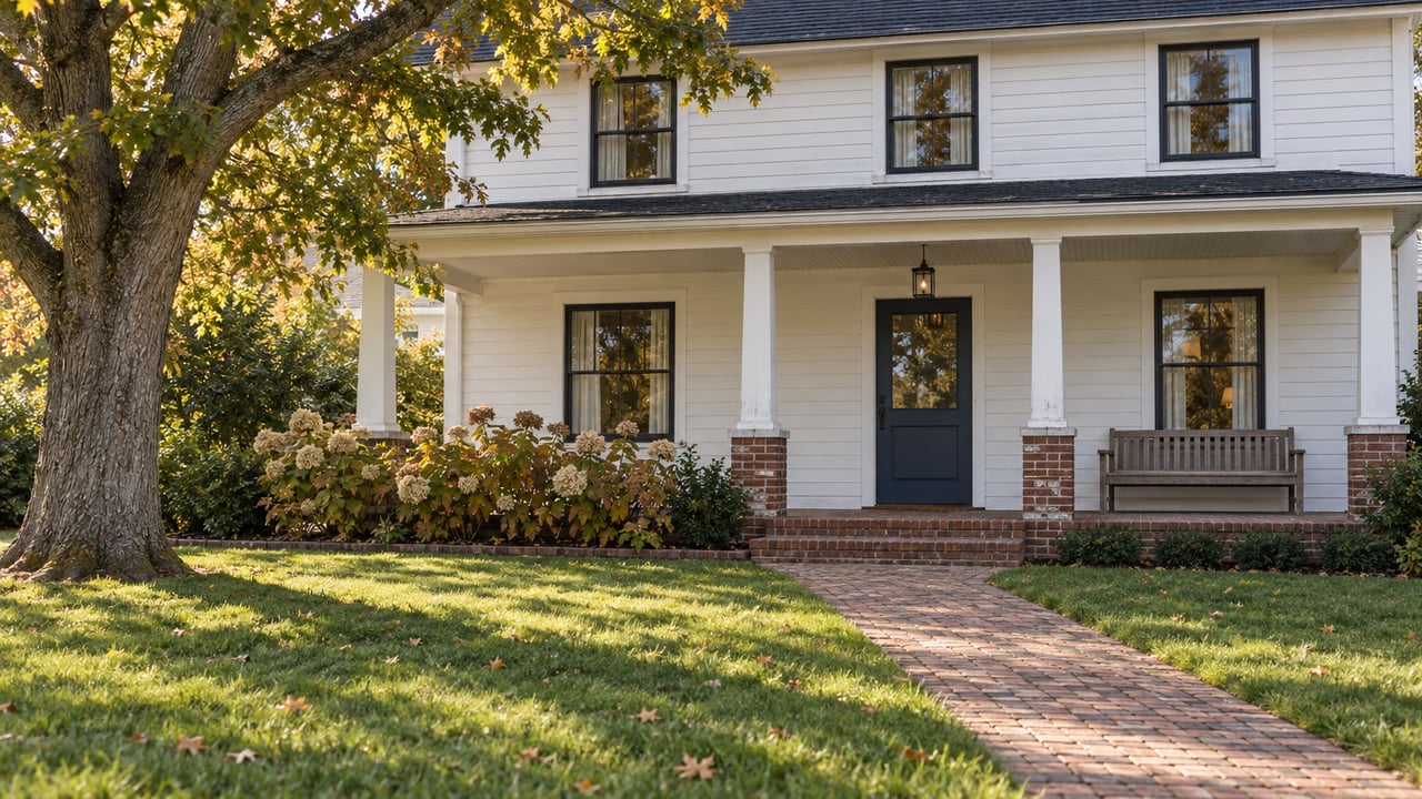 White clapboard home with a dark roof, brick front walk, raised porch and mature oak beside a broad autumn lawn.