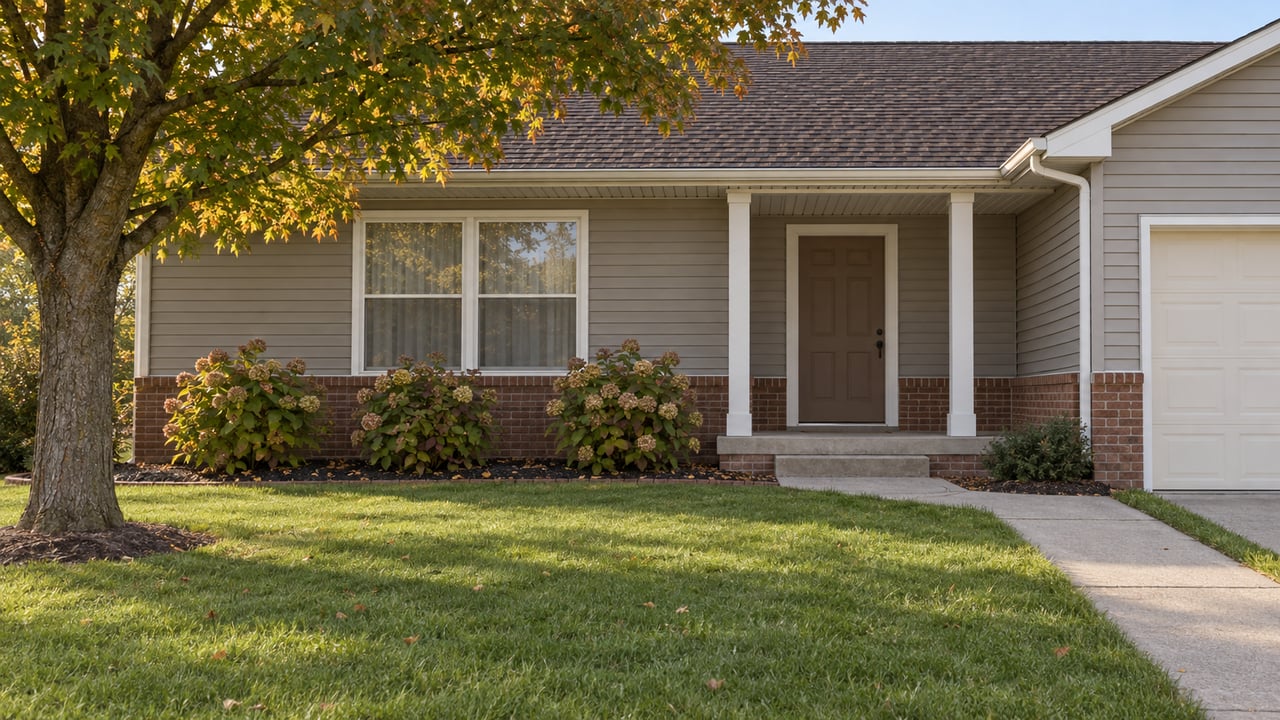 Single-story gray-sided house with a brick foundation, concrete front walk, broad lawn and an amber-green maple.