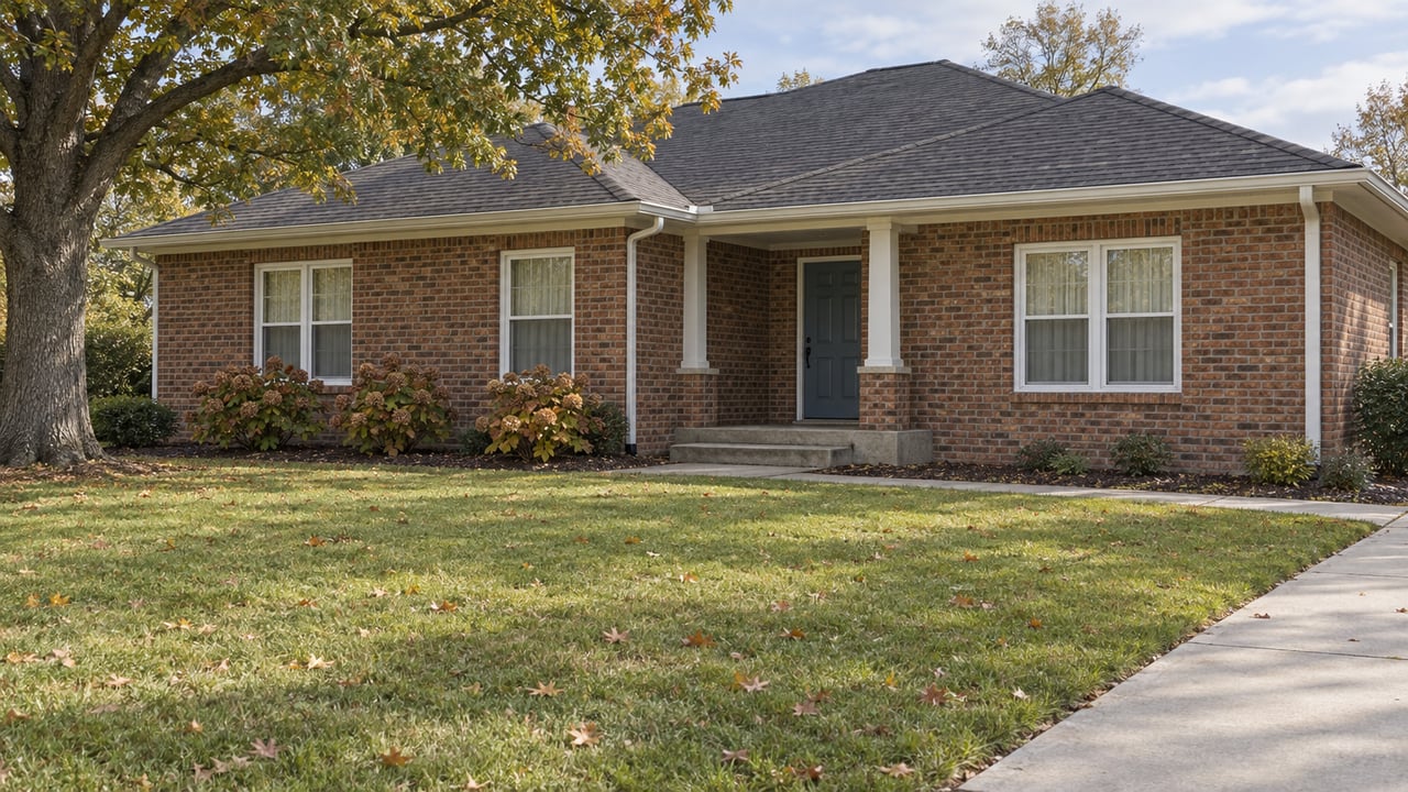 A single-story red-brown brick house with a recessed porch, broad front lawn and an oak tree in soft autumn daylight.