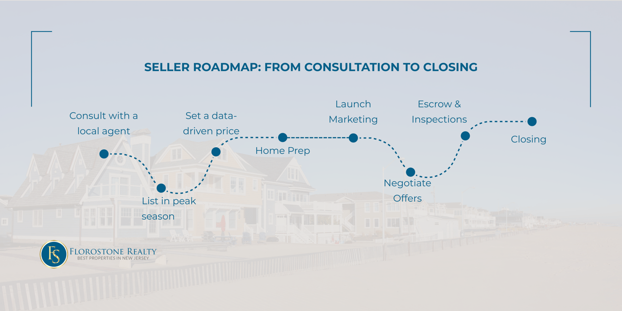 Visual step-by-step roadmap of the home selling process from Florostone Realty, including agent consultation, listing, pricing, prep, marketing, negotiation, inspections, and closing.