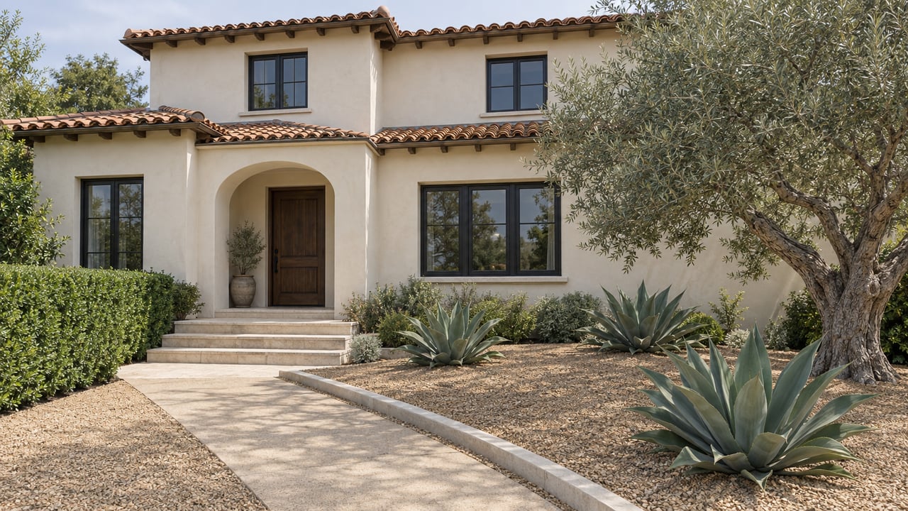 Cream stucco home with clay roof tiles, black-framed windows and an arched oak entry beyond a deep gravel garden with an olive tree and agaves.