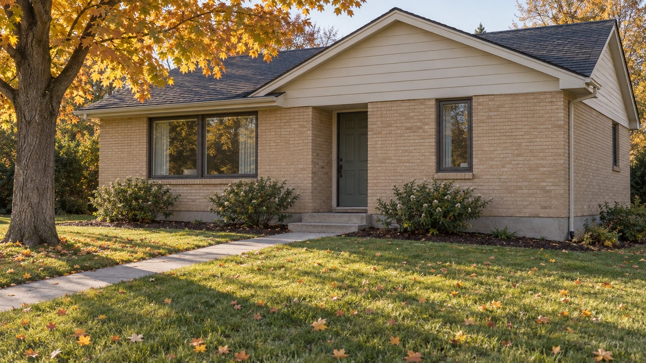 Compact brick-and-siding house beneath a gold-orange maple, with a diagonal walkway across the lawn.