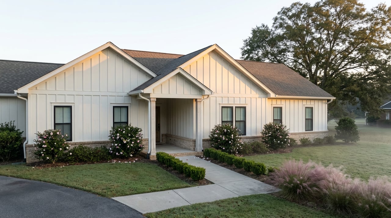 White gabled home with black-framed windows, a straight concrete walkway, blooming camellias, and mist across the lawn.