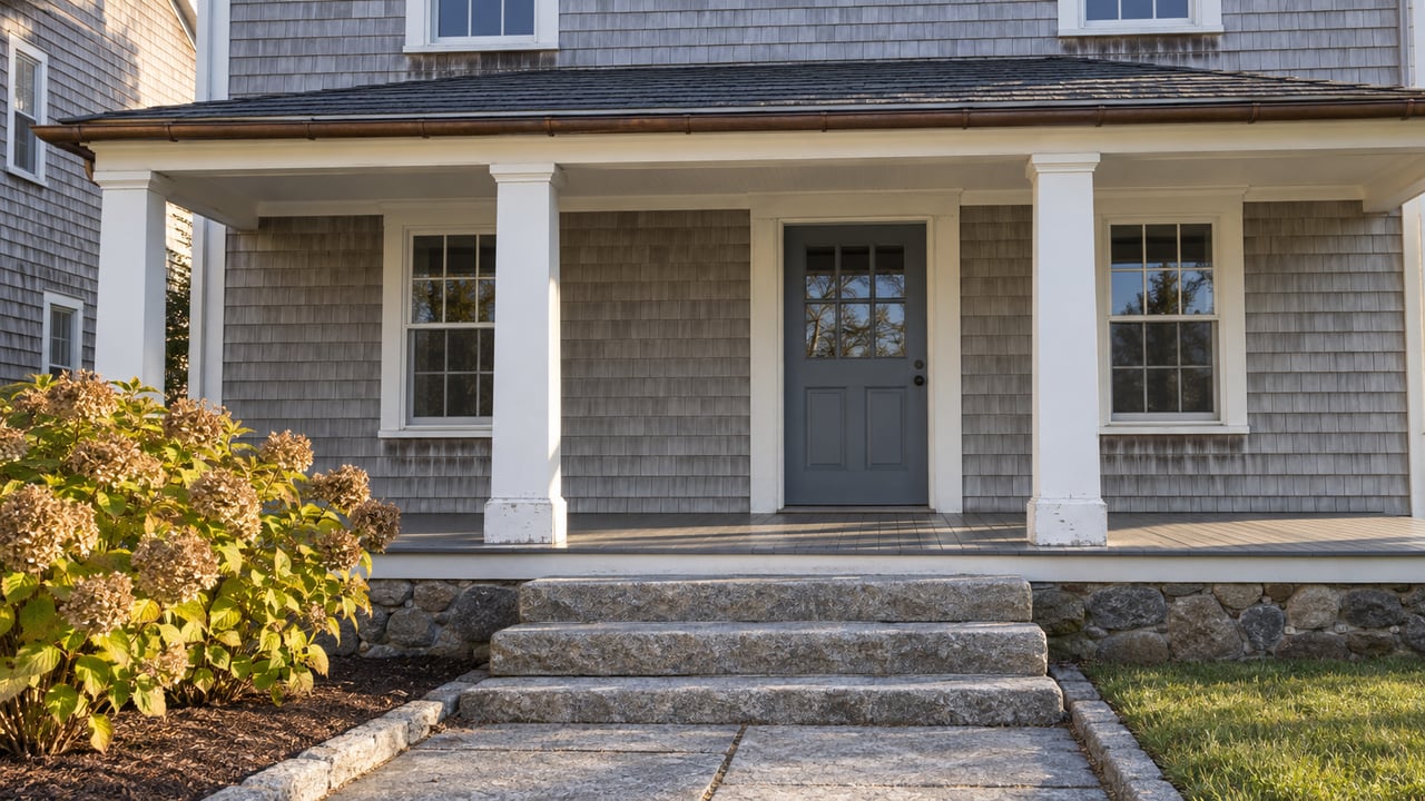 Early-autumn light on a weathered cedar-shingle house, painted porch columns, granite steps and one flowering hydrangea.