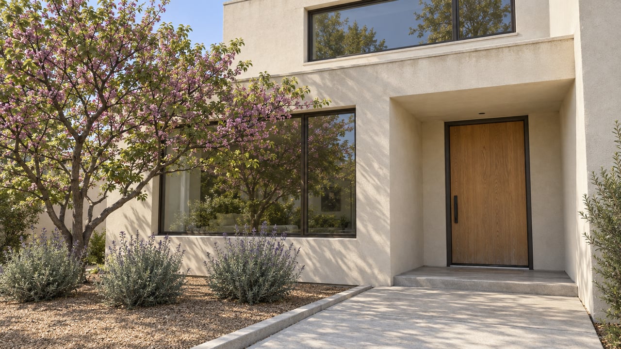 Contemporary ivory stucco home with bronze-framed windows, an oak entry door and a concrete approach beside a western redbud and Cleveland sage.
