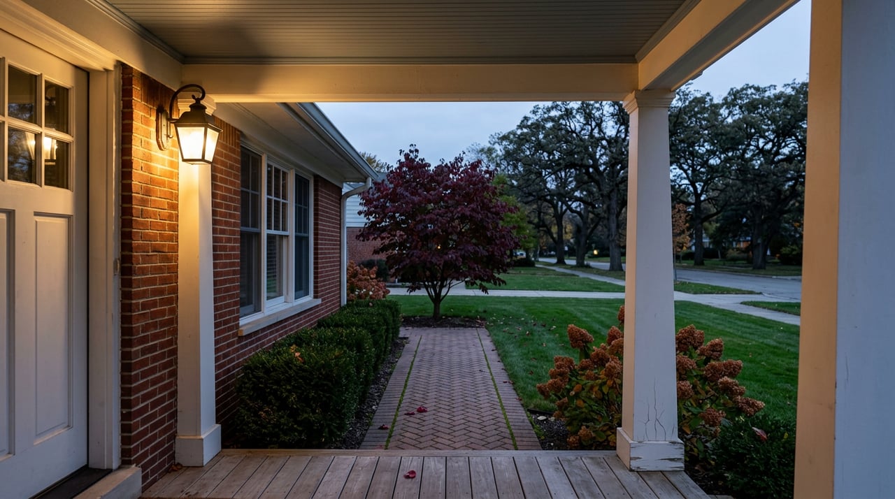 Red brick colonial porch at dusk, framed by white columns, overlooking a herringbone brick walk and deep lawn.