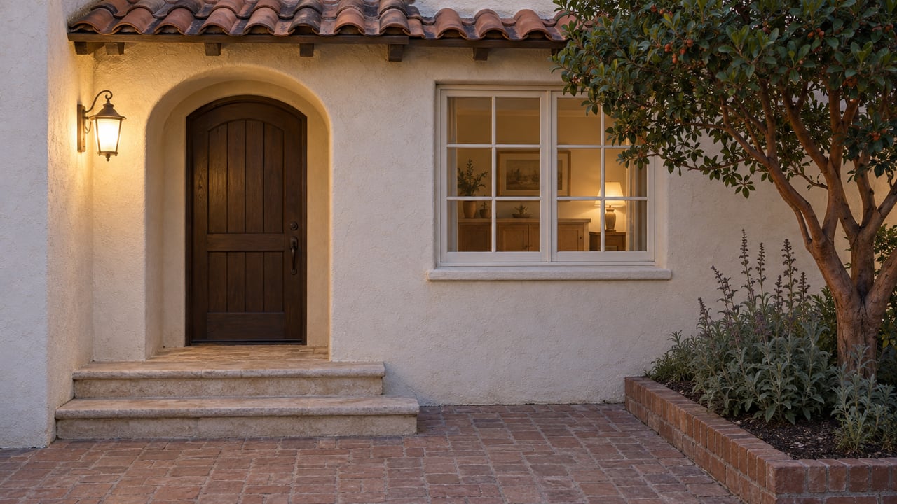 Blue-hour residential entrance with ivory stucco, a closed arched oak door, clay roof tiles and a brick courtyard beside a strawberry tree.