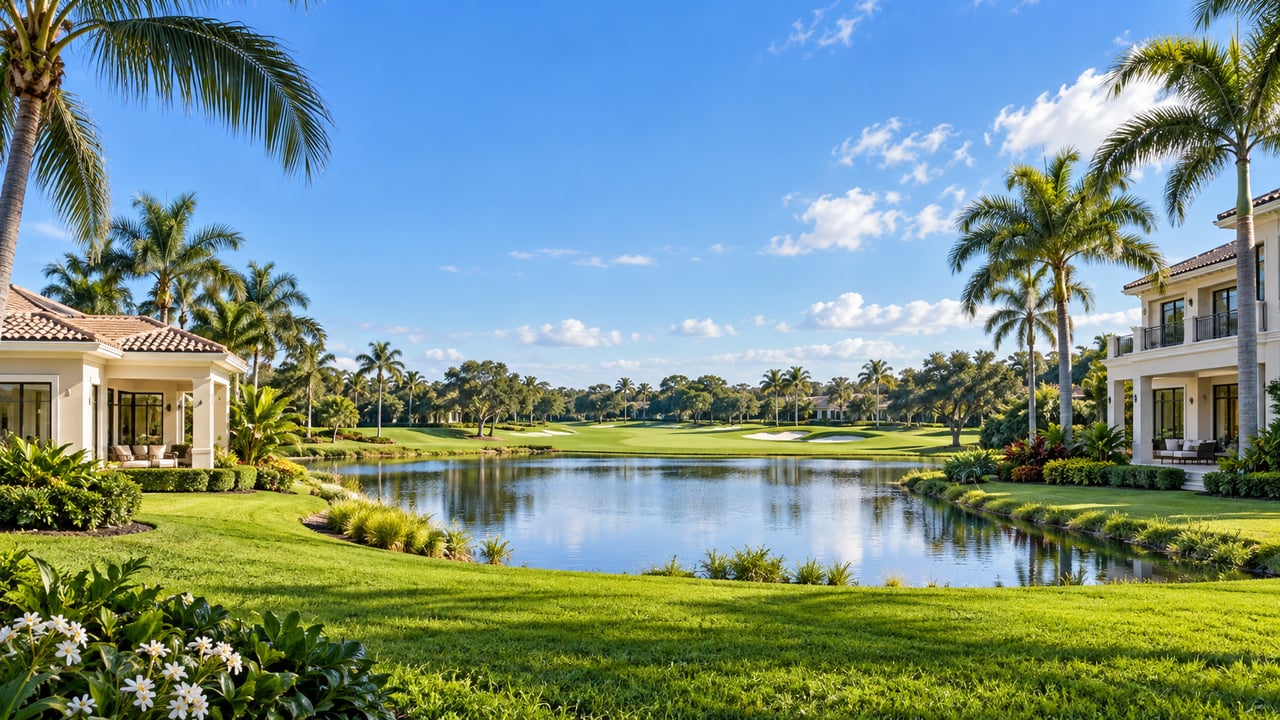 AI-generated illustration of a smaller villa and larger home beside a lake and golf course, framed by palms.