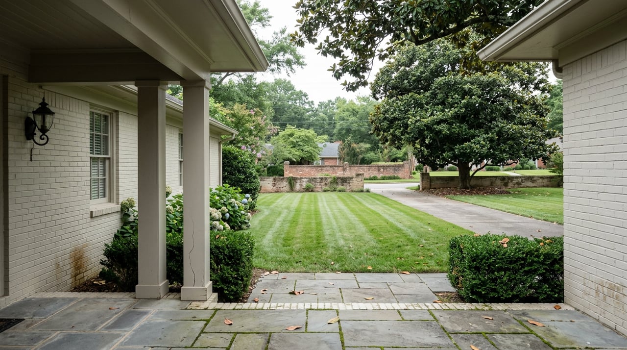 Covered porch overlooks a striped lawn, magnolia tree, brick garden wall, and empty driveway.
