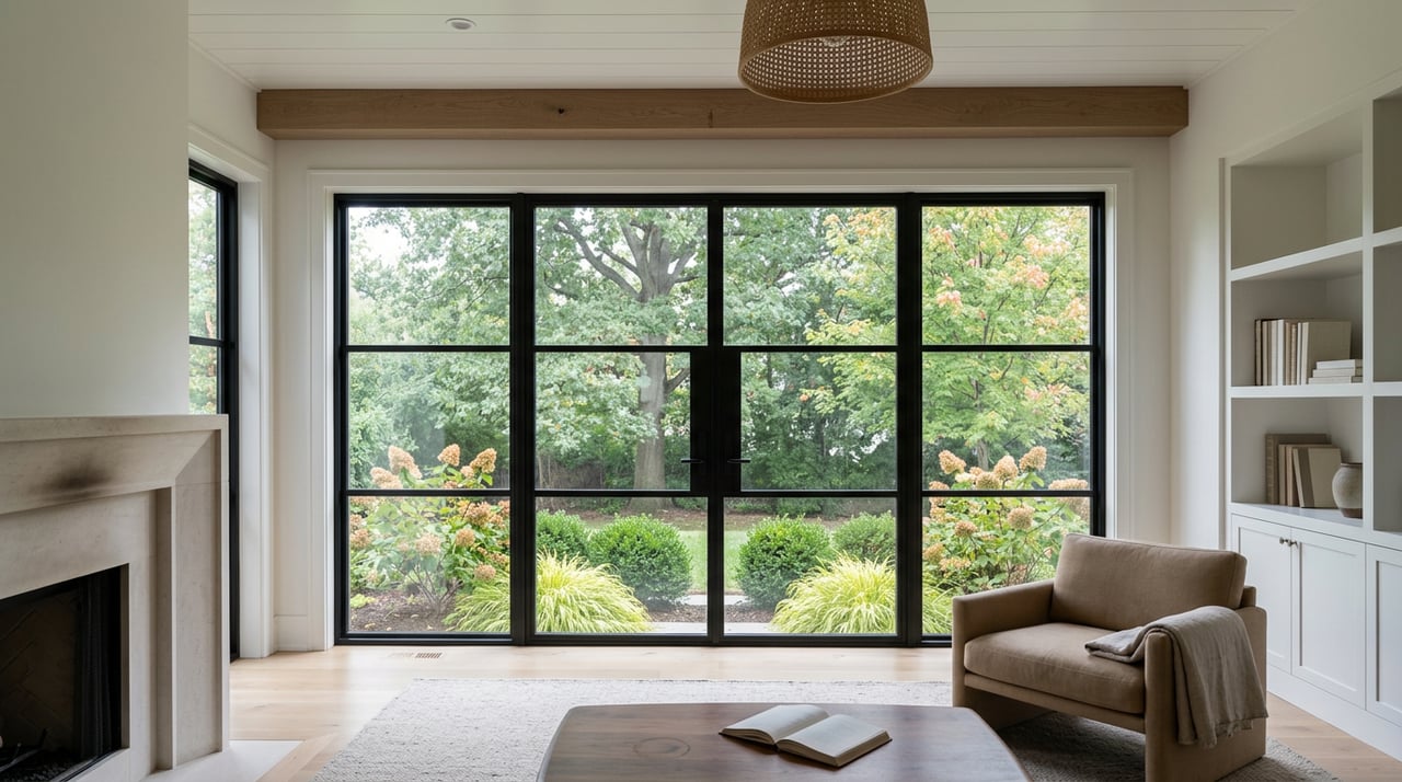 Open living room with an oak ceiling beam, limestone fireplace, black-framed windows, and garden beyond.