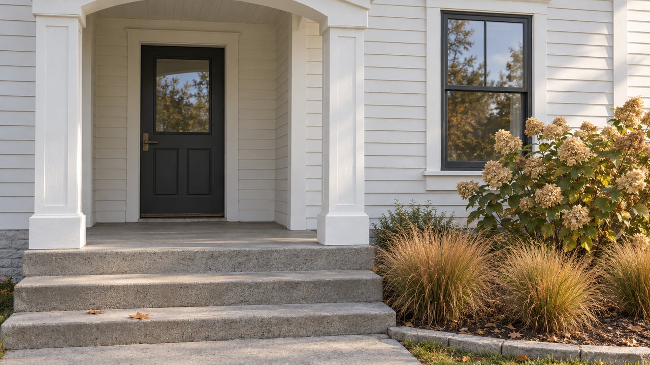 White clapboard entrance with a shallow arched porch, charcoal door, black-framed window and autumn planting beside concrete steps.