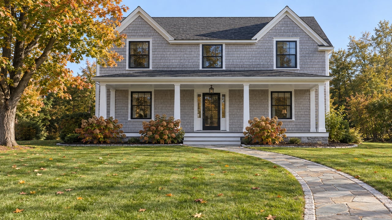 A gray shingle home with a white porch, bluestone approach and deep front lawn beneath a maple turning orange.