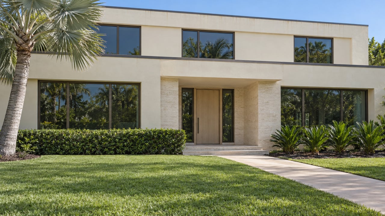 Cream-stucco contemporary home with bronze-framed windows, limestone entry, deep green lawn and a silver palm in clear morning light.