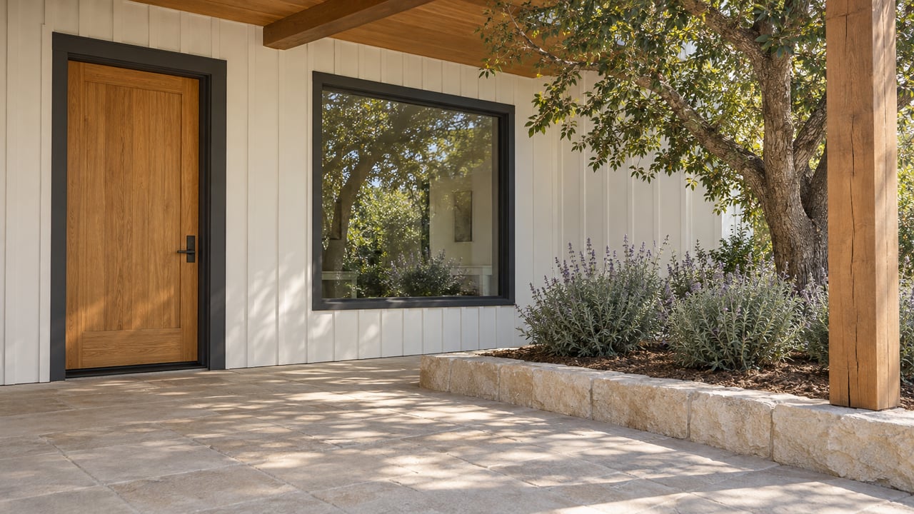 White board-and-batten home entry with an oak door, charcoal-framed window, limestone terrace and a raised bed containing a live oak and Cleveland sage.