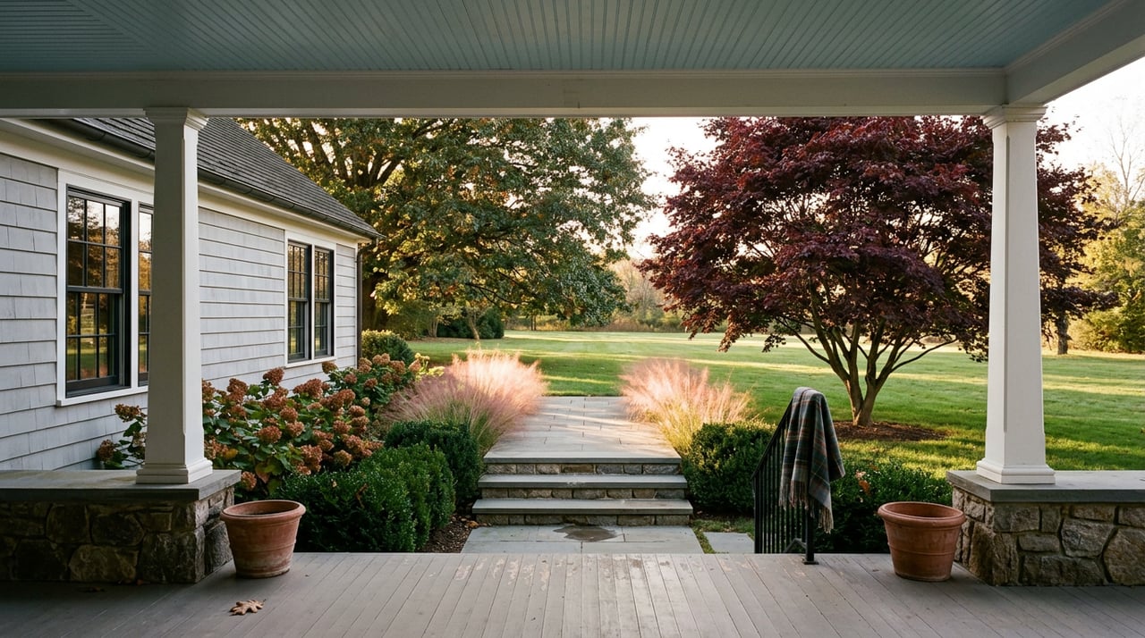 A gray Craftsman porch with fieldstone steps overlooks a lawn and burgundy Japanese maple.