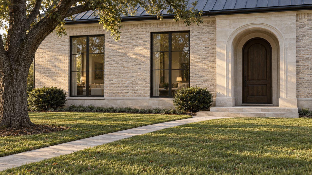 Buff brick house with an arched limestone entry, dark oak door, and diagonal stone path across the lawn.