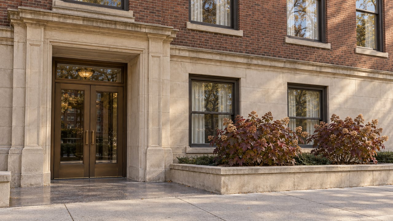 Sunlit brick apartment facade with a limestone entrance, paired bronze glass doors and burgundy oakleaf hydrangeas beside a broad sidewalk.