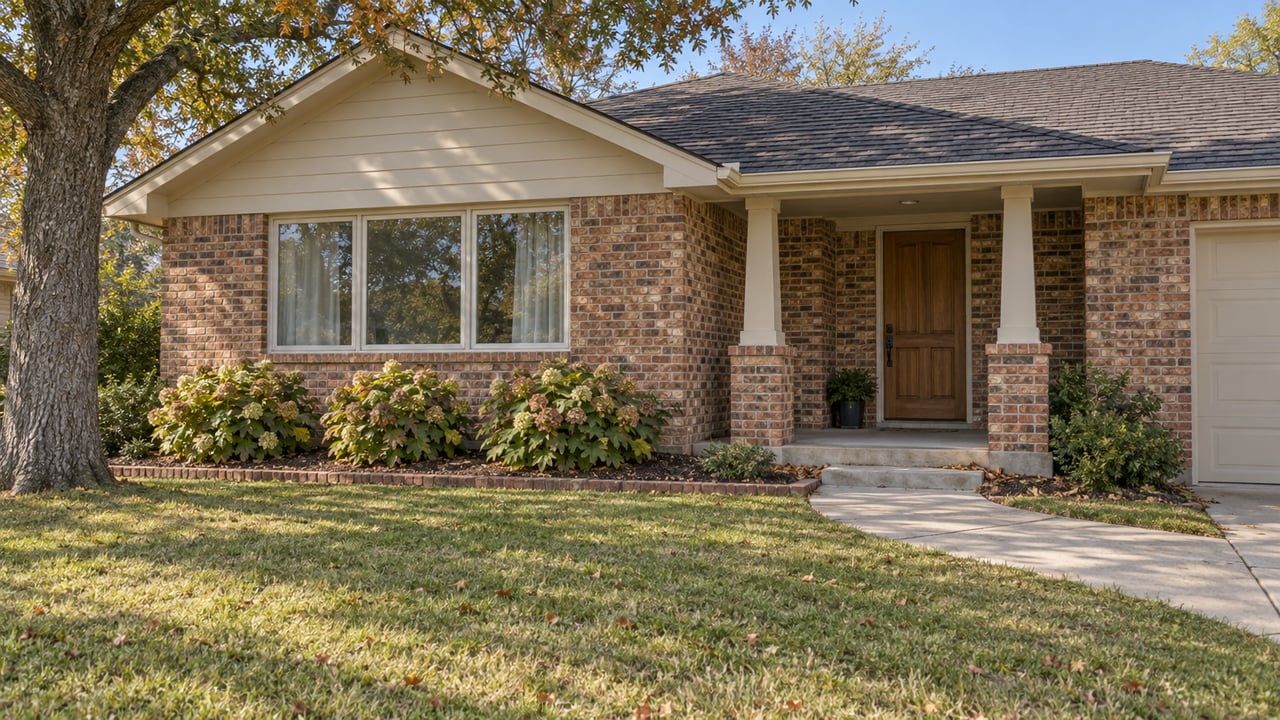 Single-story russet brick home with a covered porch, broad front window and curved concrete walk across an autumn lawn.