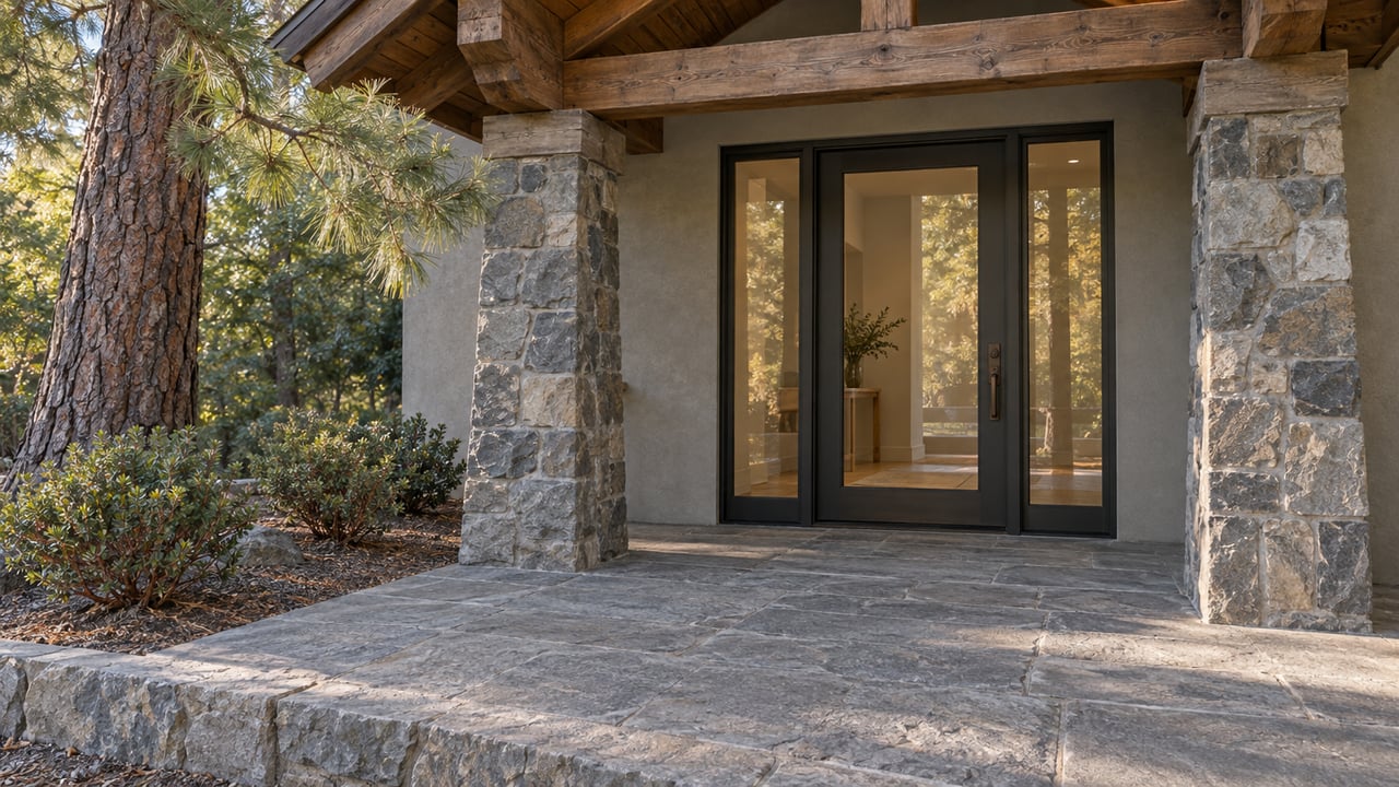 Timber-covered entry with gray stone paving, a glazed front door and sidelights, and a pine beside a raised planting edge.