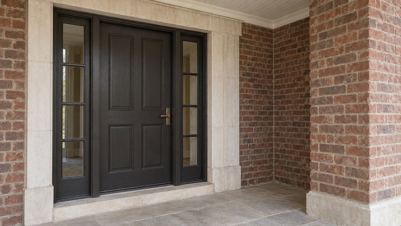 Close view of a dark paneled front door with paired glazed sidelights, weathered red-brown brick and a pale limestone landing.