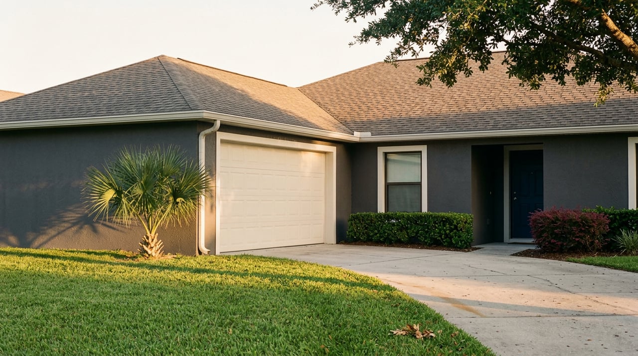 Charcoal-stucco suburban home with an oyster-white garage door, navy entry door, palm tree, and broad lawn.